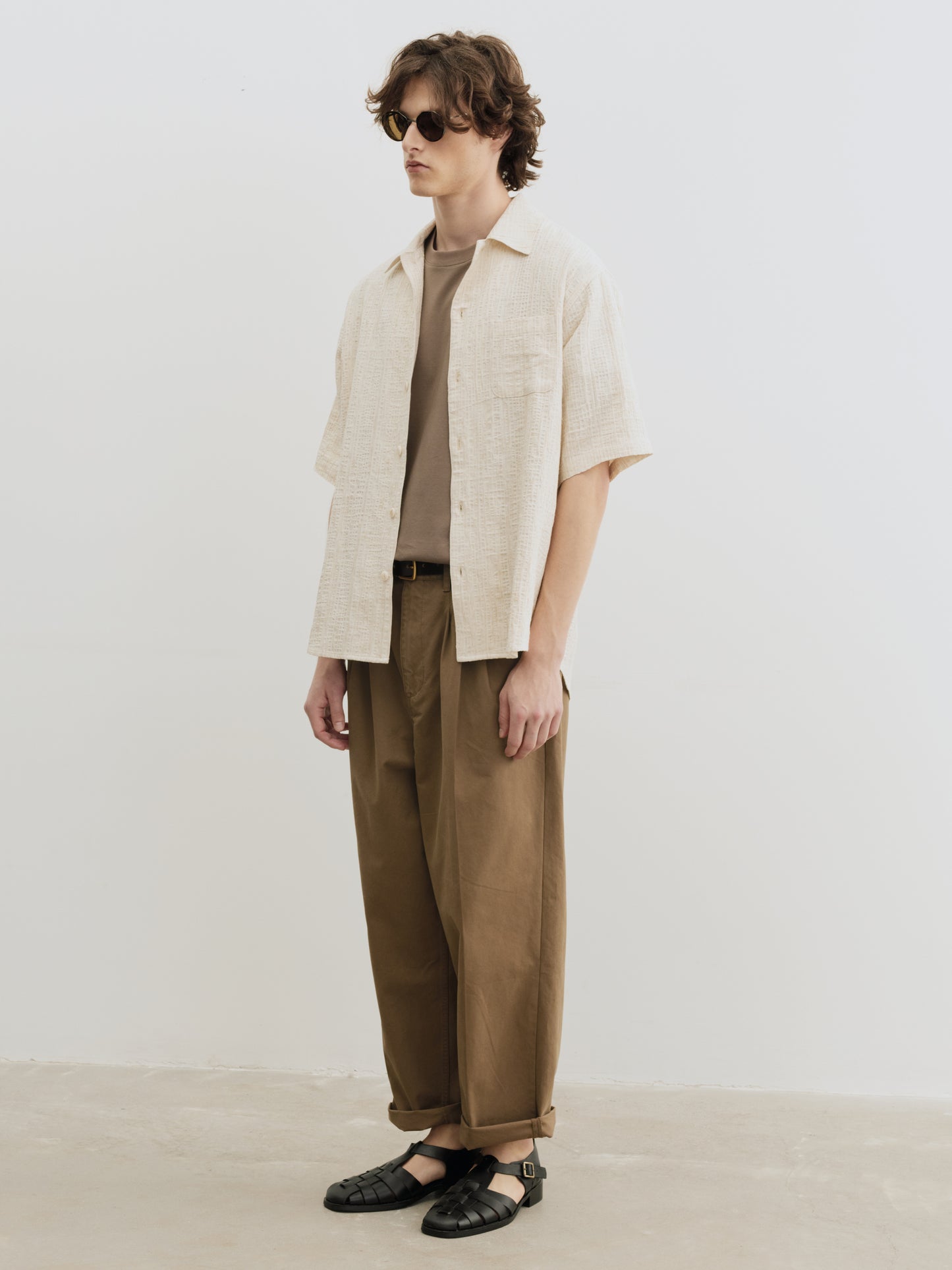 BEIGE THREE PLEAT TUCK PANTS