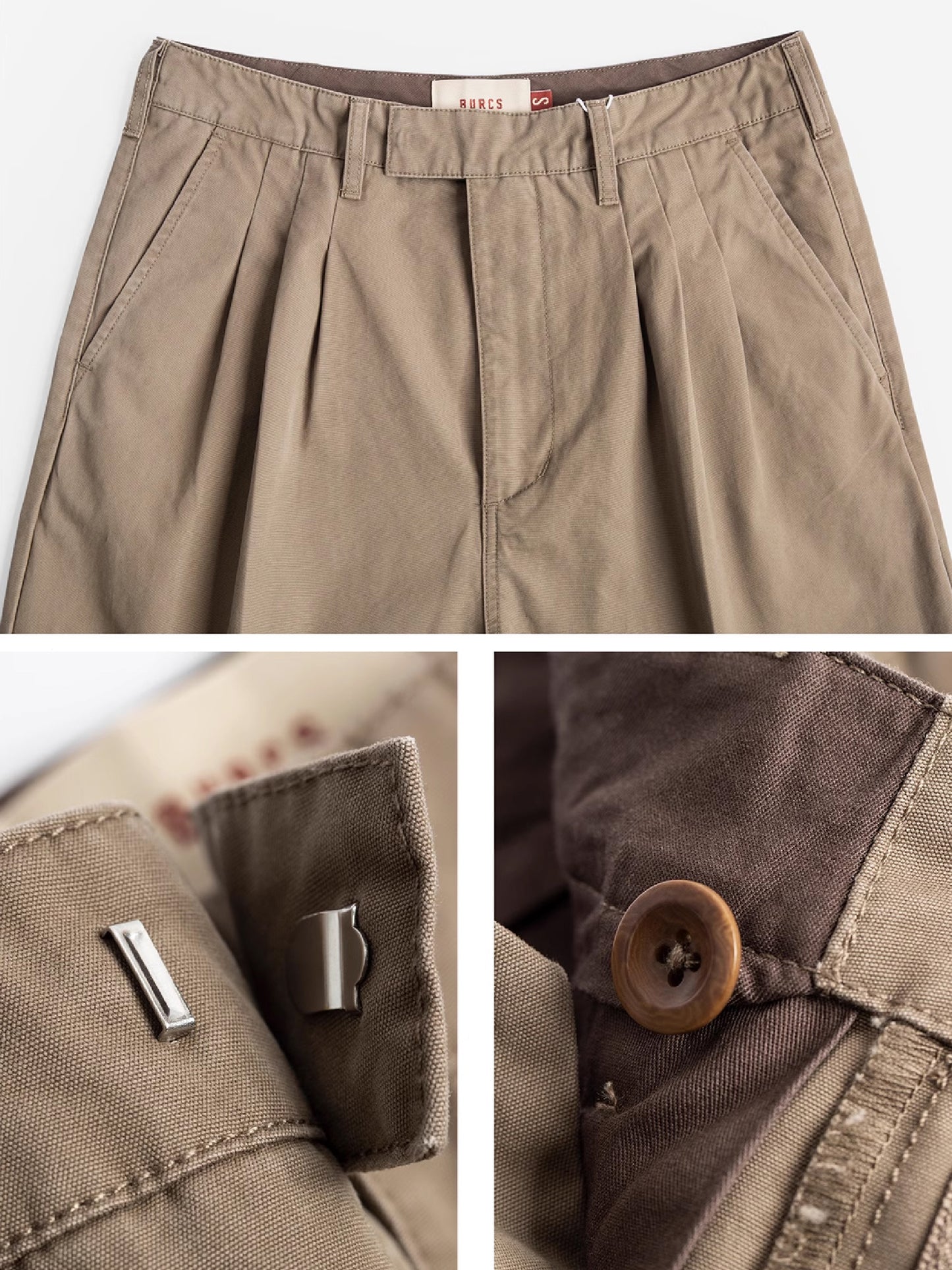 BEIGE THREE PLEAT TUCK PANTS